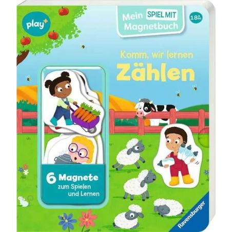 Kinder-Zählbuch mit Magneten, Schafen, Kindern und Gemüse auf farbenfrohem Bauernhof-Cover.