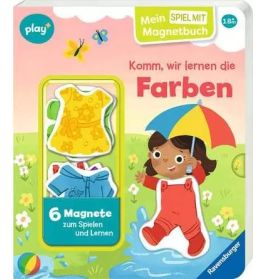 Deutsches Magnetbuch: Mädchen mit rotem Regenmantel und Schirm auf dem Cover, Titel Komm, wir lernen die Farben.