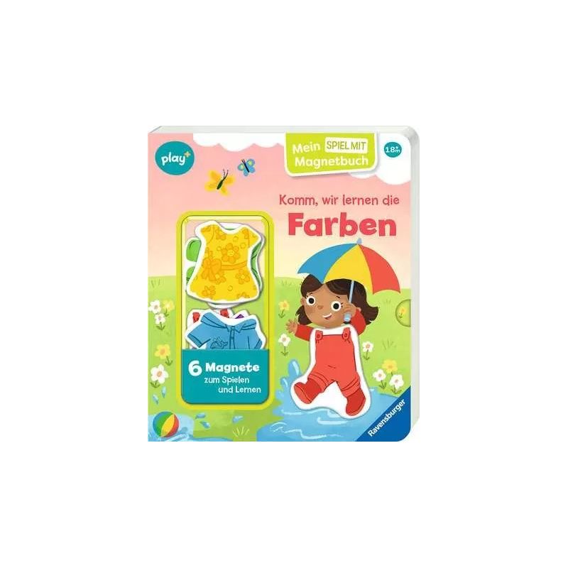 Deutsches Magnetbuch: Mädchen mit rotem Regenmantel und Schirm auf dem Cover, Titel "Komm, wir lernen die Farben".