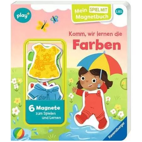 Deutsches Magnetbuch: Mädchen mit rotem Regenmantel und Schirm auf dem Cover, Titel "Komm, wir lernen die Farben".