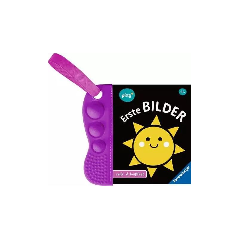 Lila Beißring an einem Ersten Bilder-Babybuch befestigt, dessen Cover eine lachende Sonne zeigt.