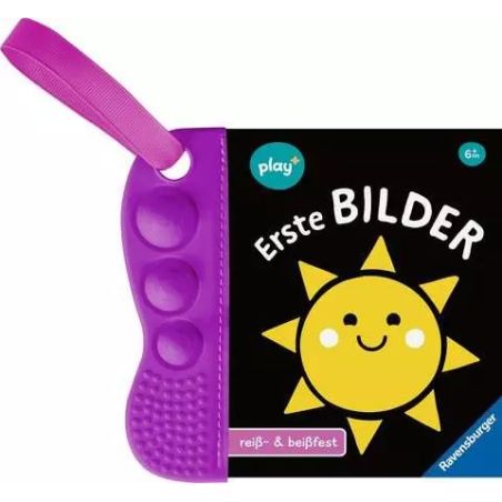 Lila Beißring an einem Ersten Bilder-Babybuch befestigt, dessen Cover eine lachende Sonne zeigt.