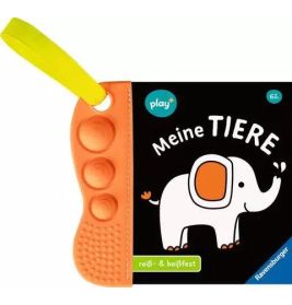 Kinder-Tierbuch mit orangem Fidget-Tool, auf dem Cover ein gezeichneter Elefant.