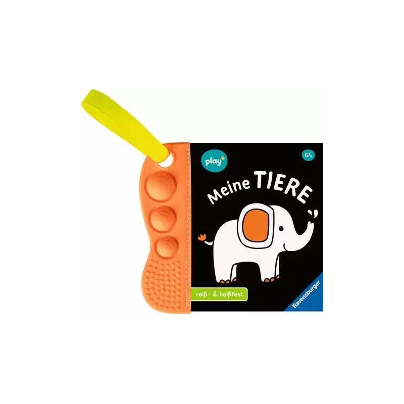 Kinder-Tierbuch mit orangem Fidget-Tool, auf dem Cover ein gezeichneter Elefant.