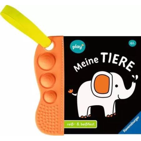 Kinder-Tierbuch mit orangem Fidget-Tool, auf dem Cover ein gezeichneter Elefant.