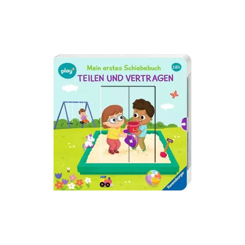 Zwei Kinder spielen im Sandkasten auf einem bunten Buchcover mit Spielgeräten im Hintergrund.
