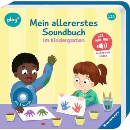 Kinder malen Handabdrücke auf Papier Cover des Soundbuchs Mein allererstes Soundbuch Im Kindergarten.