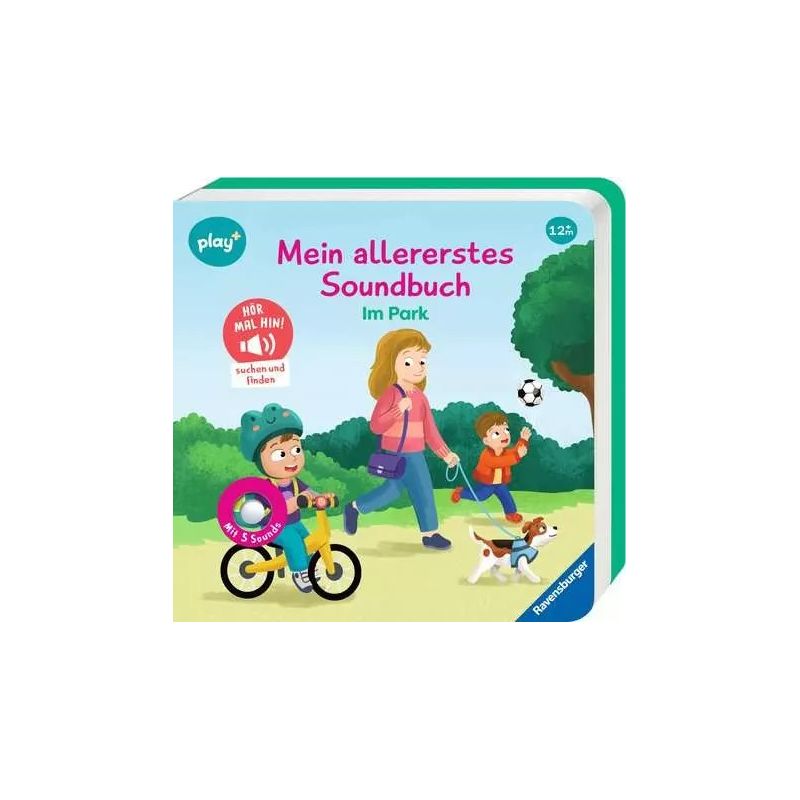 Eine Frau und Kinder spielen mit Hund und Ball im Park auf dem Cover eines deutschen Soundbuchs für Kleinkinder.