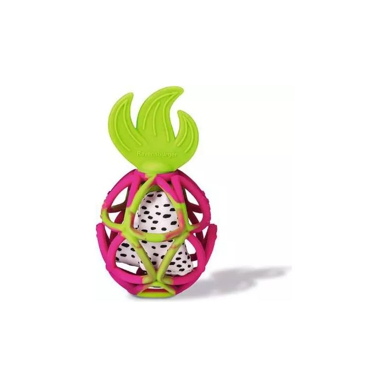 Beißspielzeug in Ananasform mit grünem Oberteil, pinkem Rahmen und weißer Mitte mit schwarzen Punkten.