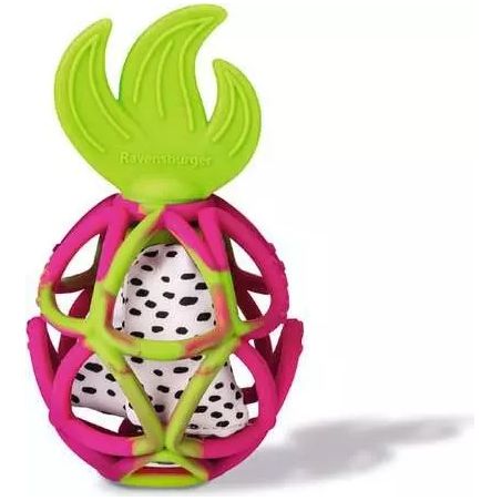 Beißspielzeug in Ananasform mit grünem Oberteil, pinkem Rahmen und weißer Mitte mit schwarzen Punkten.