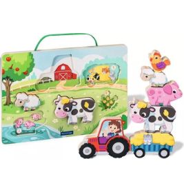 Holzpuzzle mit Bauernhofmotiv: Tiere, Traktor und Bauer vor einer ländlichen Kulisse.