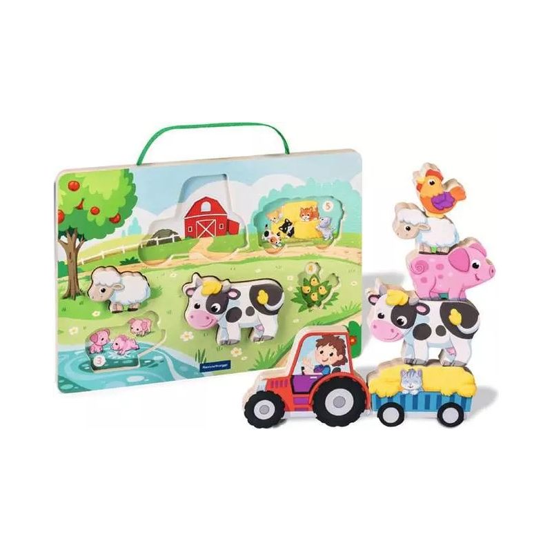 Holzpuzzle mit Bauernhofmotiv: Tiere, Traktor und Bauer vor einer ländlichen Kulisse.