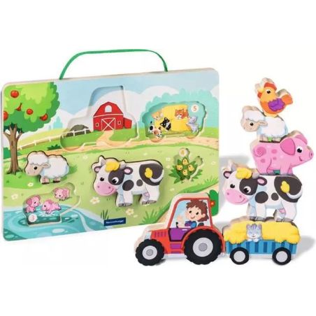 Holzpuzzle mit Bauernhofmotiv: Tiere, Traktor und Bauer vor einer ländlichen Kulisse.