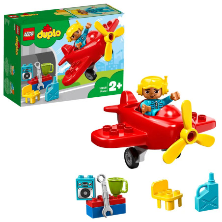 LEGO DUPLO Flugzeug-Set ab 2 Jahren mit rotem Flugzeug, Pilotfigur, Werkzeugen und Zubehör.
