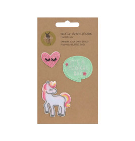 Drei bunte Web-Sticker: ein rosa Herz mit Wimpern, eine grüne Sprechblase und ein Einhorn.