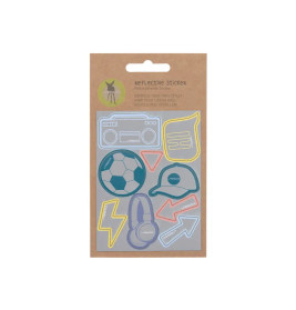 Reflektierendes Stickerblatt mit Motiven: Fußball, Kappe, Kopfhörer, Radio, Blitz und Pfeile.