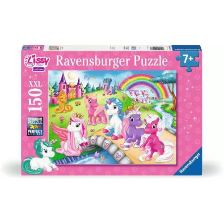 Ravensburger-Puzzle: Bunte Ponys, Schloss und Regenbogen auf rosa Hintergrund. Geeignet für Kinder ab 7 Jahren.