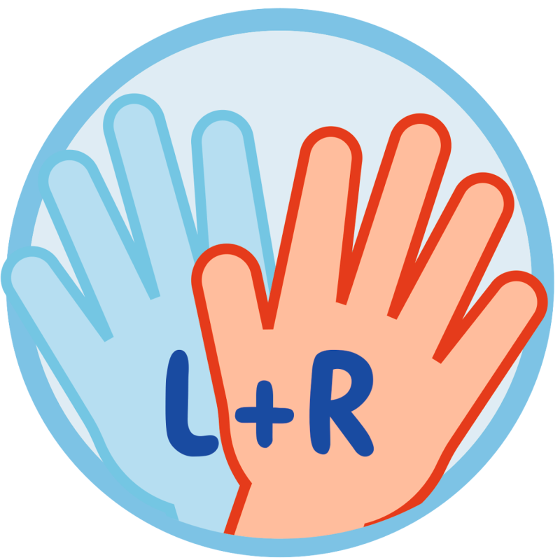 Zwei sich überlappende Hände, eine blau, eine beige auf der beigen Hand steht L+R.