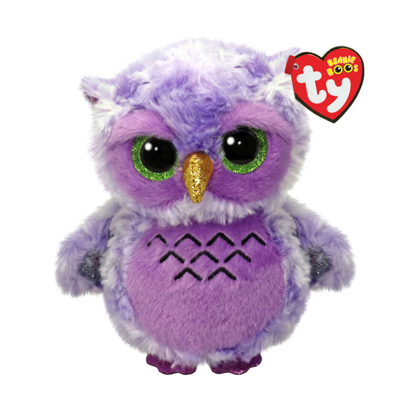 Lila Beanie Boo Kuscheleule mit großen grünen Augen, glitzerndem goldenen Schnabel und Anhänger.