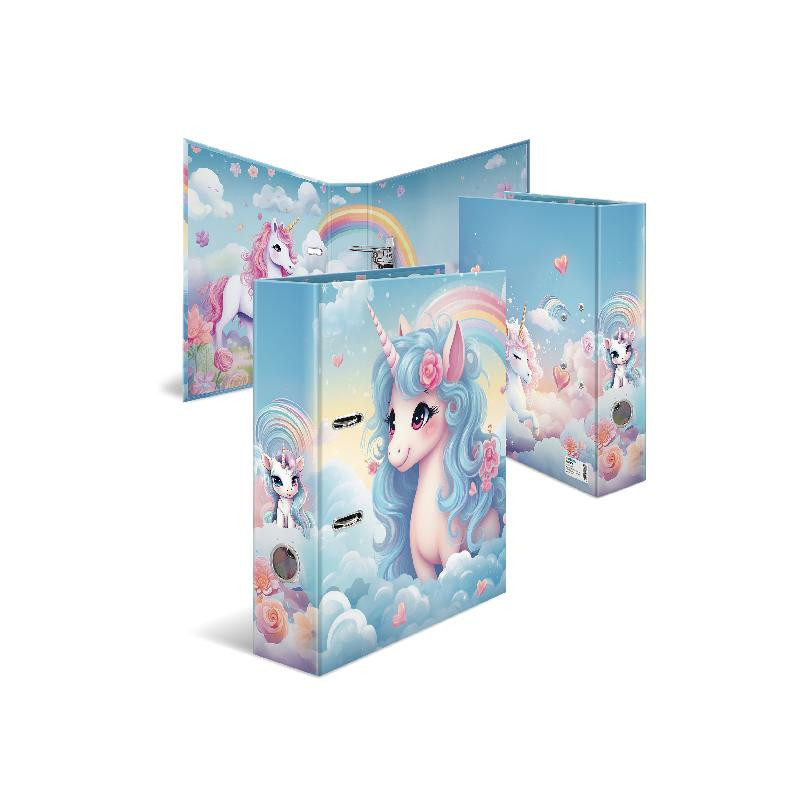 Drei pastellblaue Ordner mit bunten Einhorn- und Regenbogenmotiven zwischen Wolken und Herzen.
