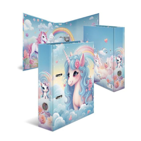 Drei pastellblaue Ordner mit bunten Einhorn- und Regenbogenmotiven zwischen Wolken und Herzen.