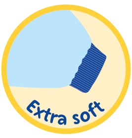Illustration eines blauen Ärmels mit dem Schriftzug Extra soft in Blau auf gelbem Kreis.