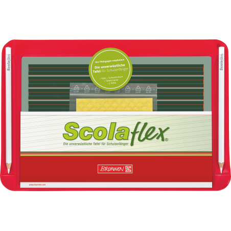 Rotes Scolaflex-Schreibbrett mit grünen und gelben Linien, zwei weißen Stiften und einem Reinigungsschwamm.