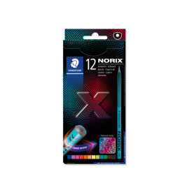 Starkeplex Box mit 12 Norix Bleistiften, bunte geometrische Gestaltung, Smart Edition Label vorne.