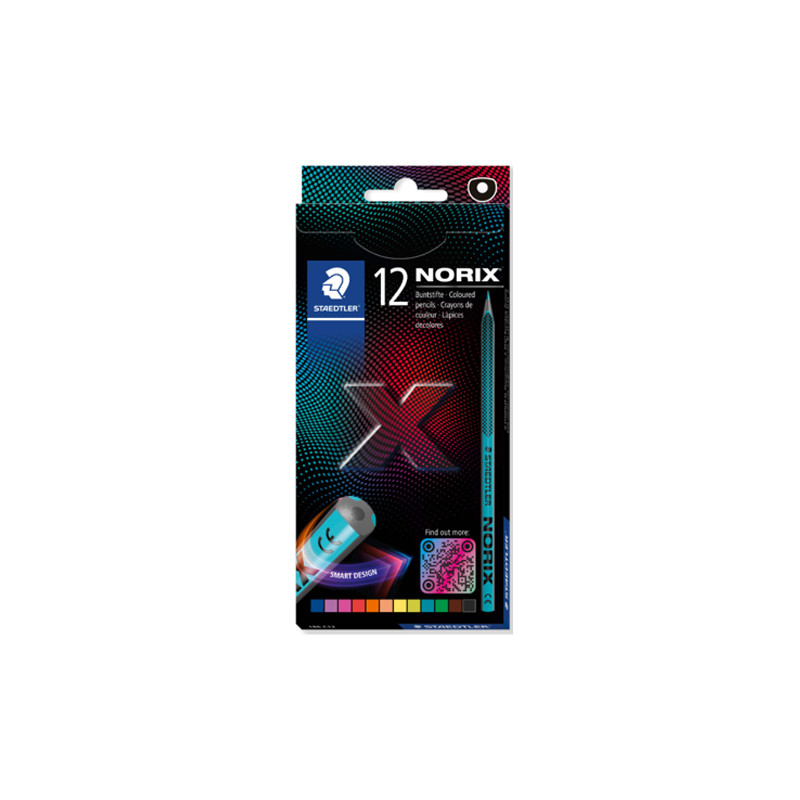 Starkeplex Box mit 12 Norix Bleistiften, bunte geometrische Gestaltung, Smart Edition Label vorne.