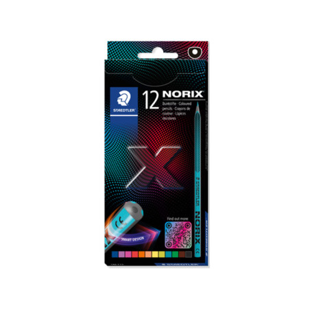 Starkeplex Box mit 12 Norix Bleistiften, bunte geometrische Gestaltung, Smart Edition Label vorne.