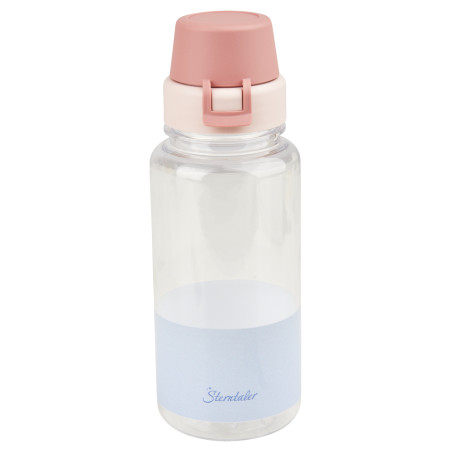 Klare Kunststoffflasche mit pinkem Klappdeckel und hellblauem Etikett am unteren Teil.