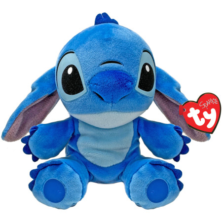 Ein blauer Stitch-Plüsch mit großen Ohren und rotem TY Beanie Babies-Label am Ohr.