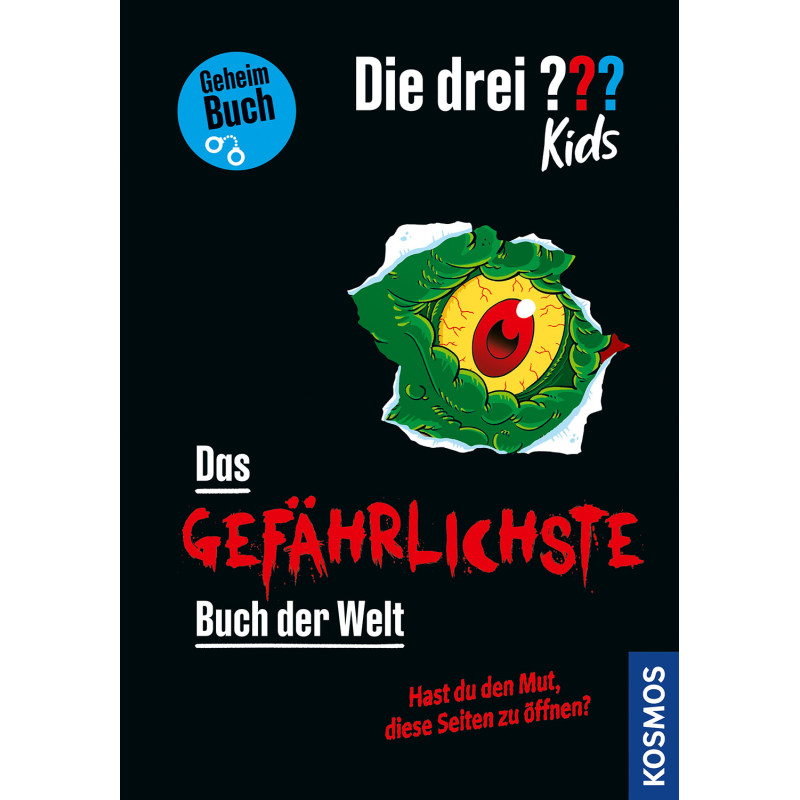 Buchcover mit grünem Monsterauge und dem Titel: Die drei ??? Kids - Das gefährlichste Buch der Welt.