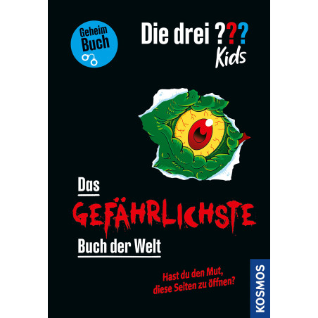 Buchcover mit grünem Monsterauge und dem Titel: Die drei ??? Kids - Das gefährlichste Buch der Welt.