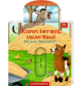 Buntes Kinderbuchcover: Esel, Ziege, Küken und Heuhaufen auf einem Bauernhof. Deutscher Text.