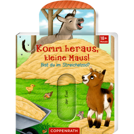 Buntes Kinderbuchcover: Esel, Ziege, Küken und Heuhaufen auf einem Bauernhof. Deutscher Text.