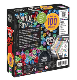 Box des Spiels Panda Royale mit bunten Würfeln, Wertungsblatt und einem gezeichneten Panda-Maskottchen.