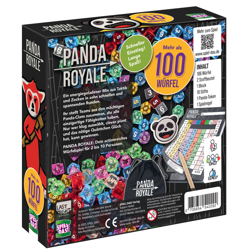 Box des Spiels Panda Royale mit bunten Würfeln, Wertungsblatt und einem gezeichneten Panda-Maskottchen.