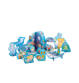 Buntes Papp-Spielset mit Unterwasserthema: Meeresbewohner, Meerjungfrau, Schatztruhe und Pflanzen.