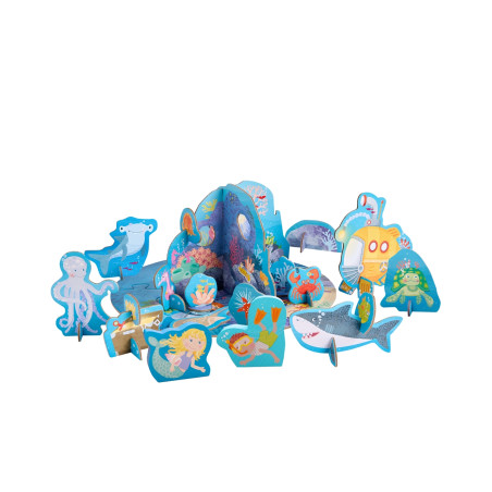 Buntes Papp-Spielset mit Unterwasserthema: Meeresbewohner, Meerjungfrau, Schatztruhe und Pflanzen.