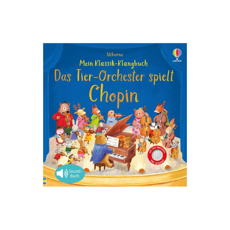 Tierorchester musiziert um einen Flügel deutsches Buchcover zu Das Tier-Orchester spielt Chopin.