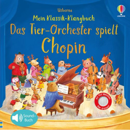 Tierorchester musiziert um einen Flügel deutsches Buchcover zu Das Tier-Orchester spielt Chopin.