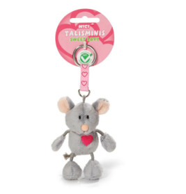 Plüsch-Graumaus-Schlüsselanhänger mit rosa Herz, Ohren und Sweet Love-Anhänger auf rosa Verpackung.
