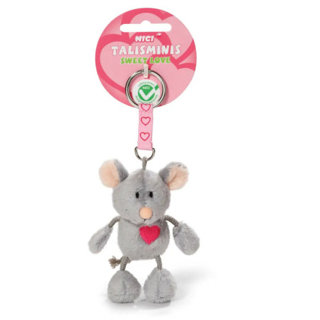 Plüsch-Graumaus-Schlüsselanhänger mit rosa Herz, Ohren und Sweet Love-Anhänger auf rosa Verpackung.