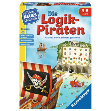 Piraten-Logikspiel für Kinder von 5-8 Jahren in deutscher Sprache, mit Piratenschiff und Schatzkarte auf der Box.