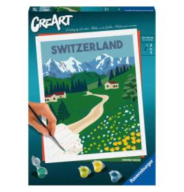 Malen-nach-Zahlen-Set mit Schweizer Bergen, Wiesen, Häusern und dem Schriftzug SWITZERLAND am oberen Rand.
