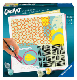 Eine Hand bemalt abstrakte, bunte Formen und Muster auf einer CreArt Funky Shapes Malen-nach-Zahlen-Box.