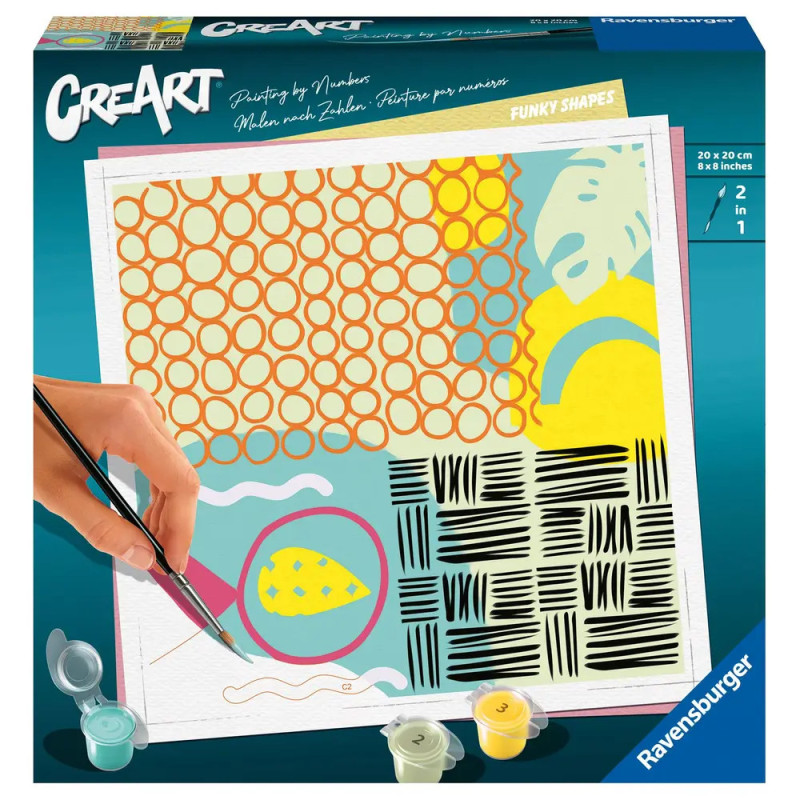 Eine Hand bemalt abstrakte, bunte Formen und Muster auf einer CreArt Funky Shapes Malen-nach-Zahlen-Box.