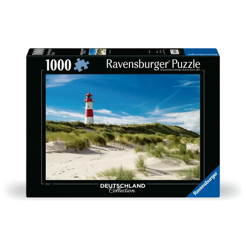 Ravensburger Puzzle mit 1000 Teilen: Ein rot-weißer Leuchtturm steht auf einer grasigen Düne unter blauem Himmel.
