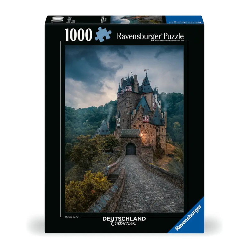 Ravensburger 1000-Teile-Puzzle mit Foto der von Bäumen umgebenen Burg Eltz auf dem Karton.